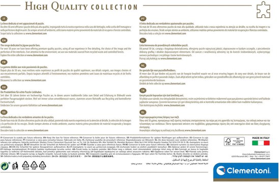 Achterkant van de puzzeldoos met informatie over de "High Quality Collection" in meerdere talen.