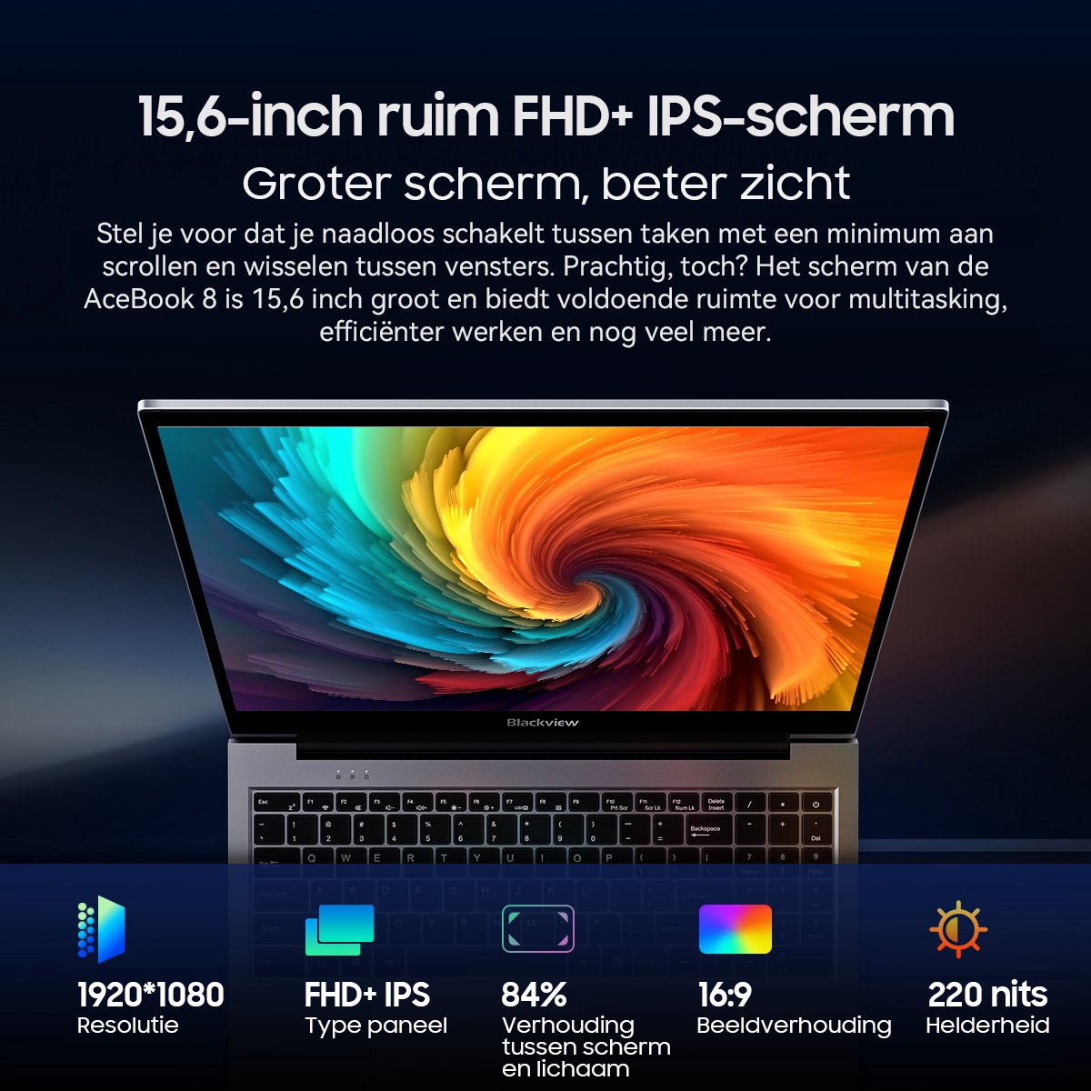 Blackview AceBook 8 Laptop - 15,6 inch Full HD - 16 GB RAM - 512 GB SSD - Intel N97 - Windows 11 Notebook - UHD Graphics - Grijs — afbeelding 2