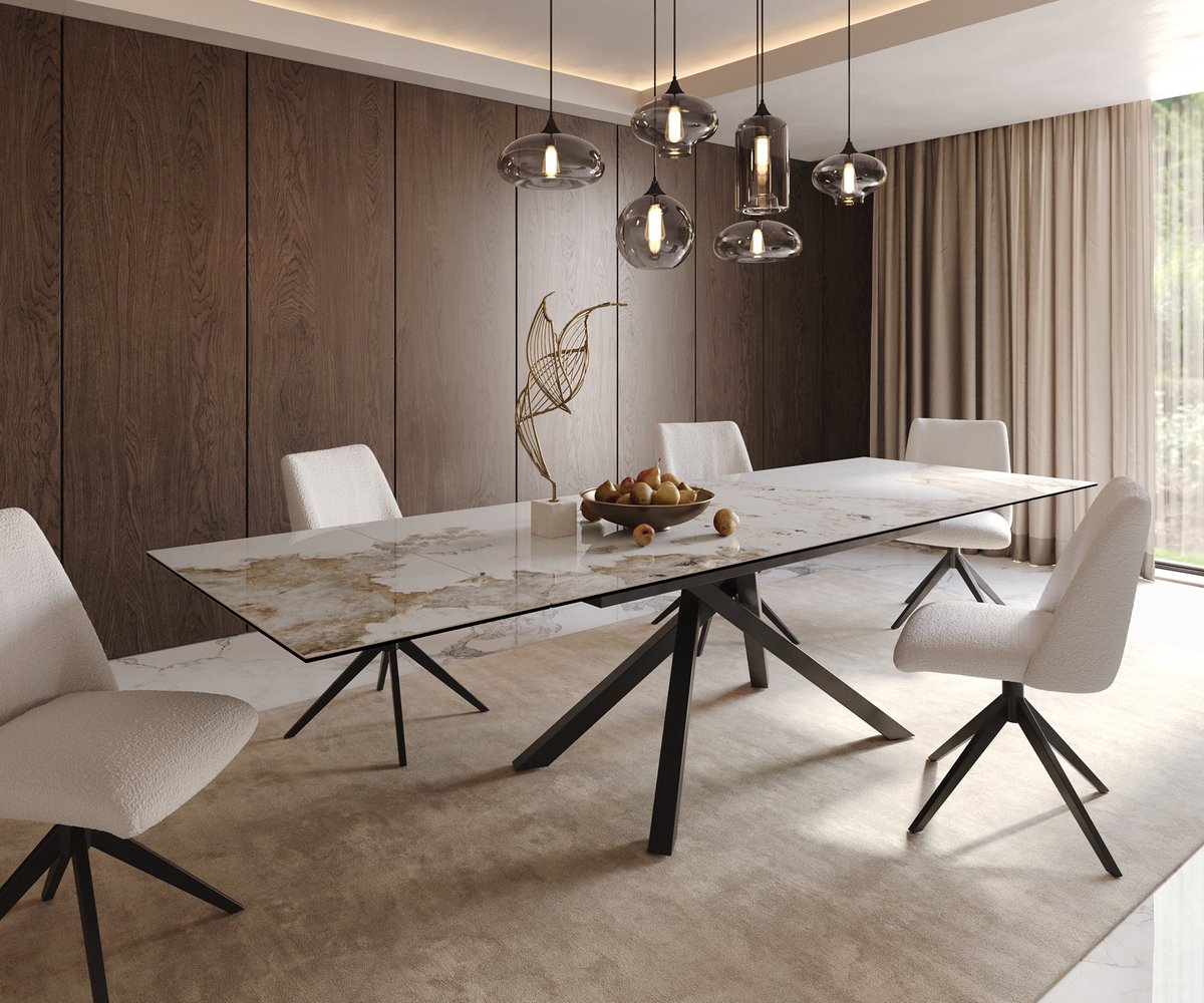 Eetkamertafel Edge keramiek Minas Melange wit-beige 200-300x100 kruisframe rechthoek zwart uitschuifbaar