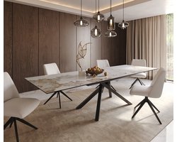 Eetkamertafel Edge keramiek Minas Melange wit-beige 200-300x100 kruisframe rechthoek zwart uitschuifbaar