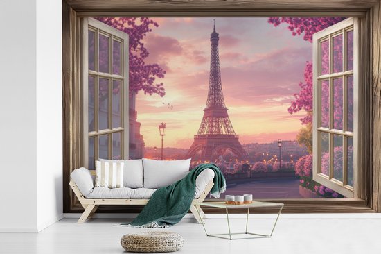 Behang - Fotobehang Doorkijk - Parijs - Eiffeltoren - Roze - Kersenbloesem - Breedte 390 cm x hoogte 260 cm