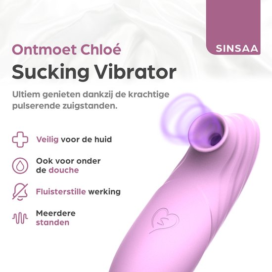 Roze Sinsaa Sucking Vibrator met pulsende zuigfunctie. Kenmerken: veilig voor de huid, voor onder de douche, fluisterstil en meerdere standen.
