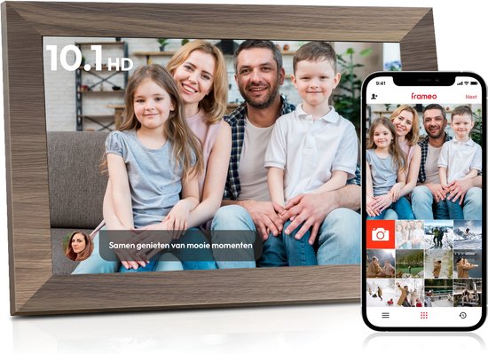 Digitale fotolijst met WiFi en Frameo App - 10.1 inch HD+ IPS Display - Fotokader met Touchscreen - 32GB - Walnoot kleur - Frameo digitale fotolijst - digitale fotokader - digitaal fotolijstje