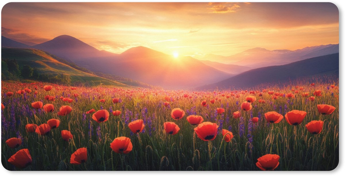 Muismat XXL 90x45 cm - Bureau onderlegger - Bureau mat Landschap - Zonsondergang - Bloemenveld - Bureaumat - Gaming mousepad xl - Bureaulegger groot - Computer deskmat