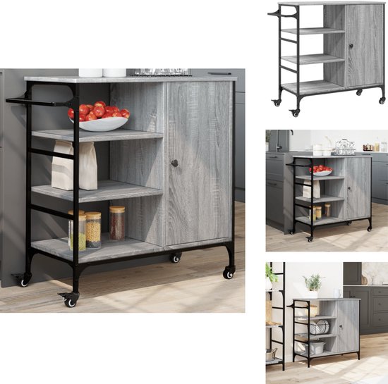 vidaXL Keukentrolley 56x43x89,5 cm bewerkt hout grijs sonoma eiken, trolley keuken, keuken trolley, keuken kar, trolly keuken, keukenkar, drankkar