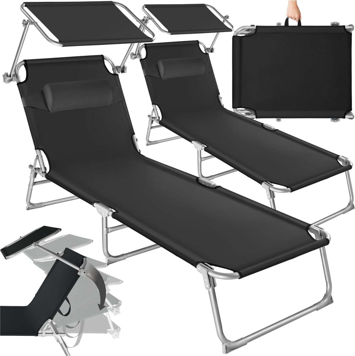 Bol.com tectake® Ligbedden met Zonnescherm - Set van 2 Zonnebedden - 190 x 68 x 111 cm - 4 standen - Inklapbaar - Met Handgreep ... aanbieding