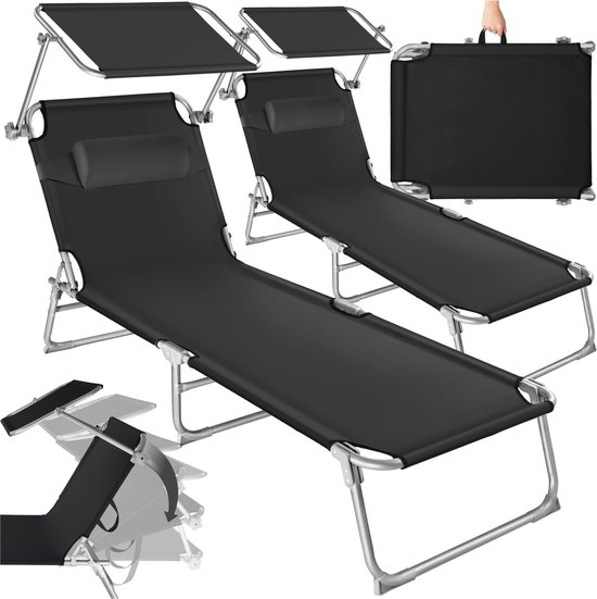 tectake® - 2 x ligbed - set van 2 zonnebedden - 4 standen , inklapbaar - Met handgreep - zwart - 68 x 190 x 28 cm