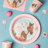 Set de décorations de fête sur la table | 8 assiettes en carton de 23 cm | 8 gobelets en papier | 8 bâtonnets à cocktail et 1 guirlande à gâteau | 16 serviettes| thème Paarden | Forfait avantage