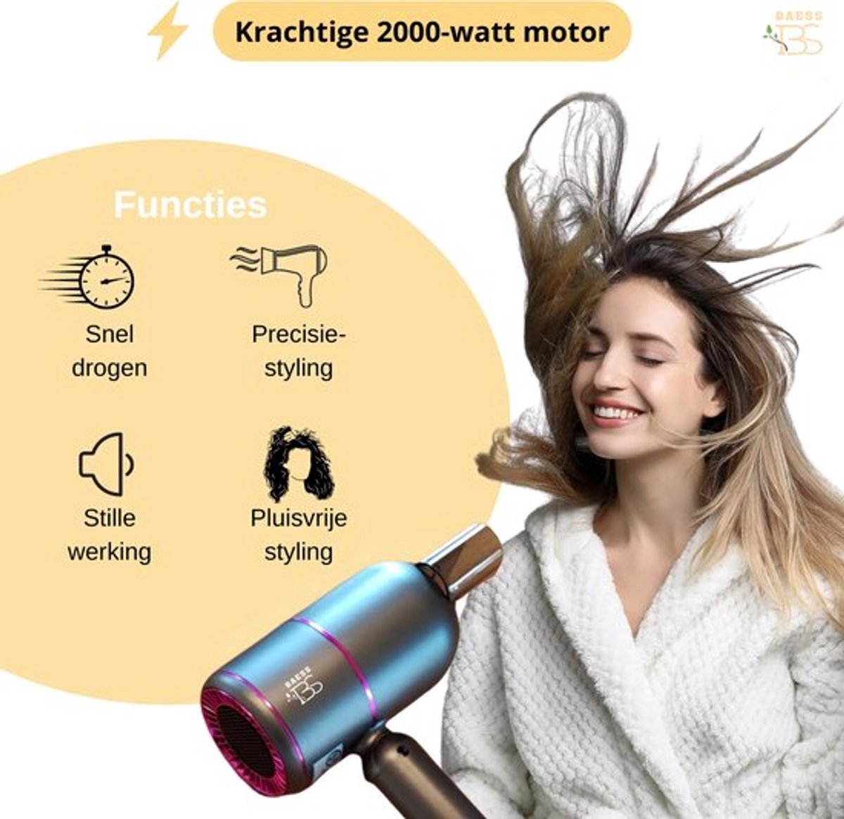 BAESS Föhn met diffuser - Reisföhn Inklapbaar - Ionische Haardroger - 2000W - Coolshot - Krullen - Haarföhn - Hair Dryer - Grijs thumbnail 6