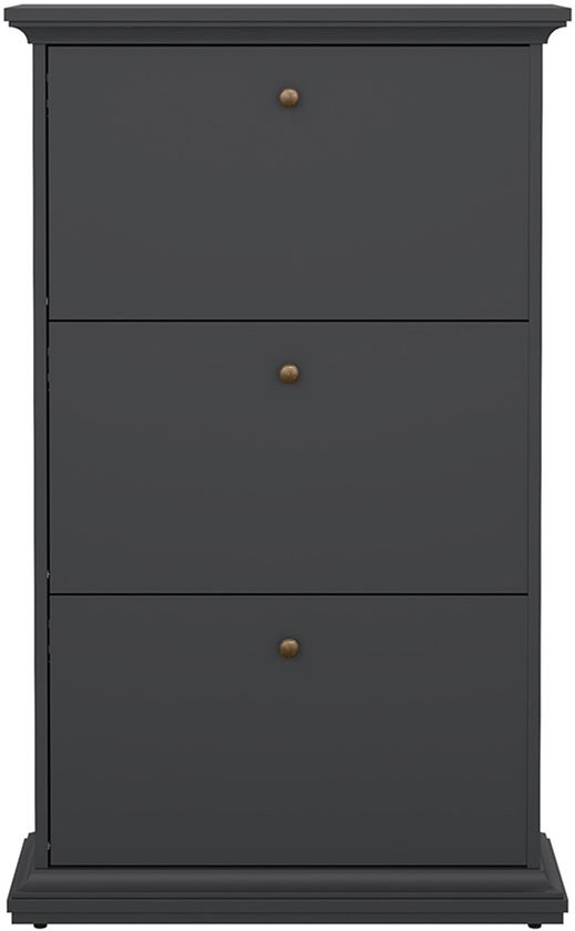 Meuble à chaussures gris avec 3 abattants fermés.