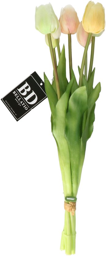 Bouquet de tulipes artificielles Bellatio Design Sally - 7 pièces - multicolore - toucher réaliste - 47 cm