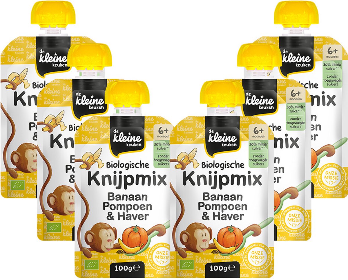 de Kleine Keuken Biologische Knijpmix Banaan, Pompoen & Haver - 6 x 100 gr - Voordeelverpakking