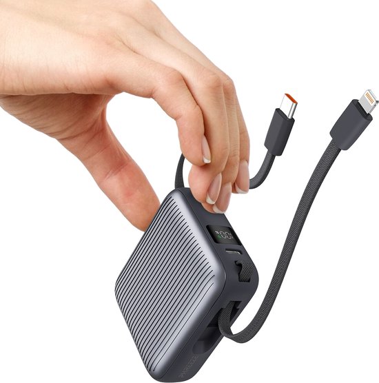 Kleine Powerbank 10.000 mAh Grijs met Snelladen & Kabels