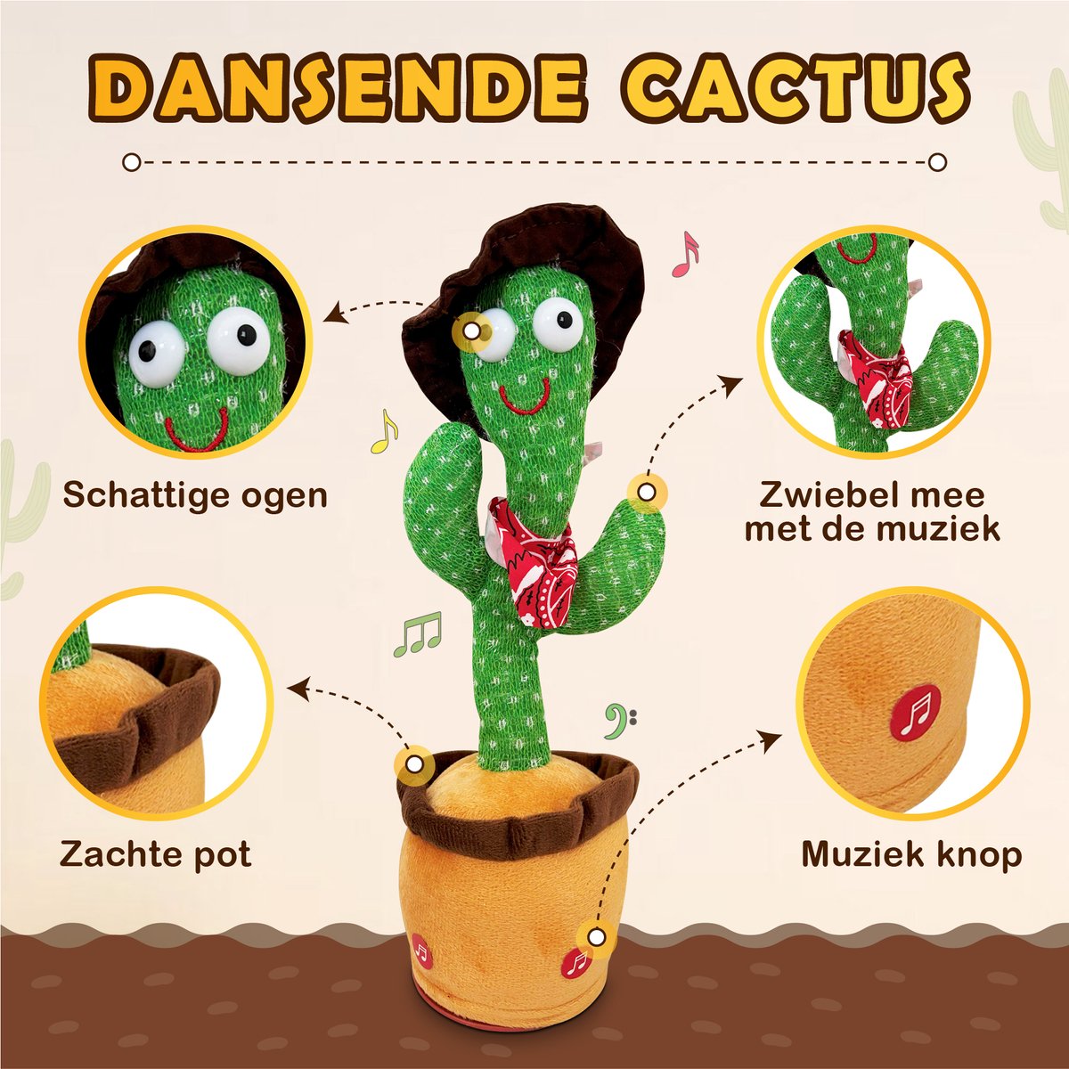 Bailanta® Dansende Cactus - Pratende Cactus - Kinder Speelgoed - Interactieve Knuffel - Nederlandse Handleiding - Pratende Knuffel – Cactus Speelgoed – USB Opladen – Geeft Licht – Met Cowboy Outfit – 120 Liedjes - Zingende Cactus - Perfect Cadeau — afbeelding 4