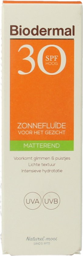 Biodermal Zonnebrand -  Matterende Zonnefluïde voor het gezicht SPF 30 - 40ml - Voorkomt glimmen en puistjes