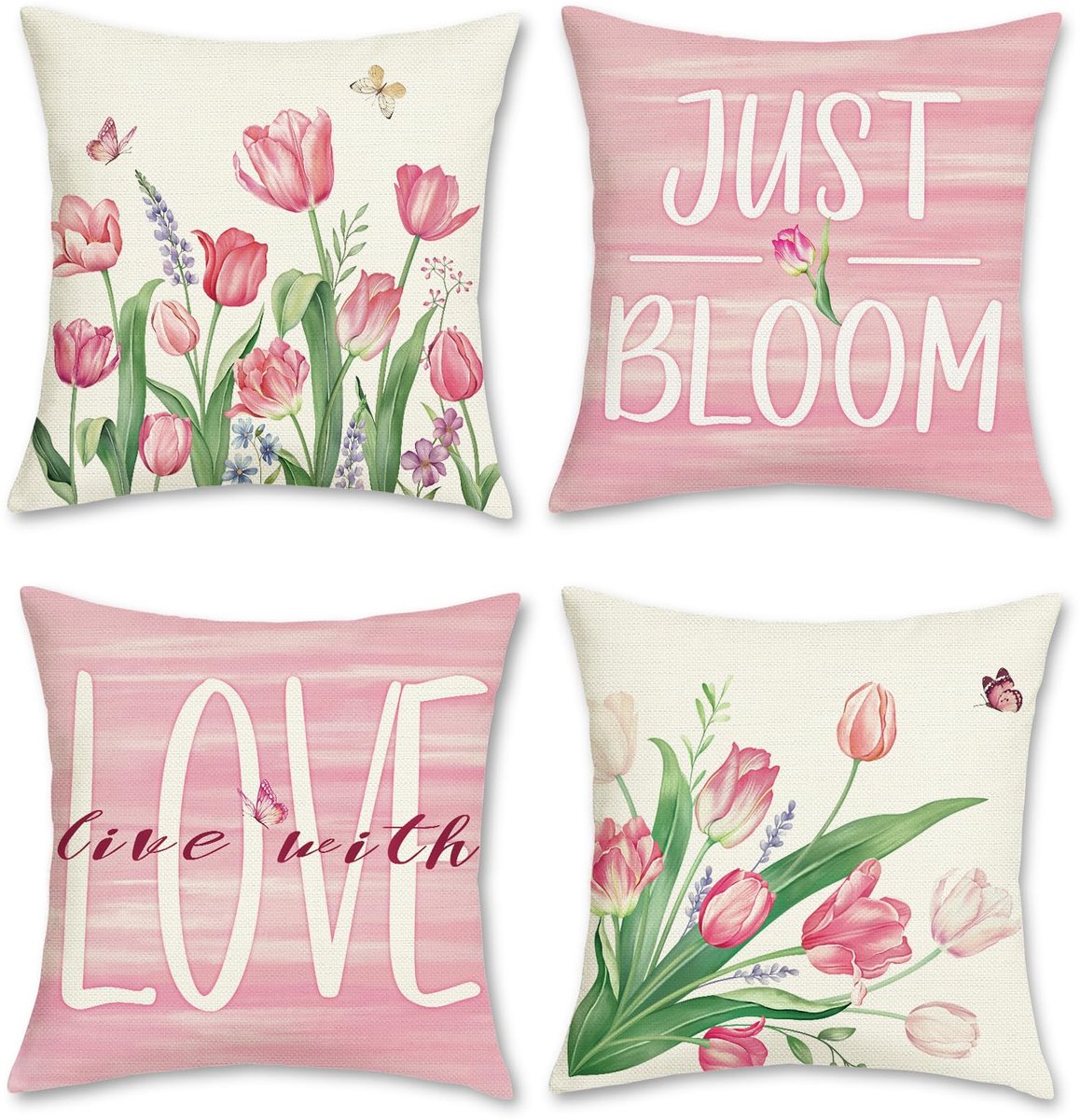 Unyqoos ® Set van 4 Decoratieve Kussenslopen met Lente Bloemenmotief voor Huis en Tuin roze