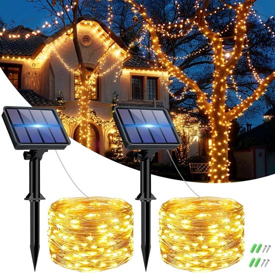 Foto: Lichtsnoer op zonne energie voor buiten 2 x 6 m 60 leds weerbestendig 8 modi koperdraad ip65 waterdicht voor tuin omheining balkon feest kerstmis warmwit er wordt geen merknaam in de titel genoemd dus er is geen aanpassing nodig 