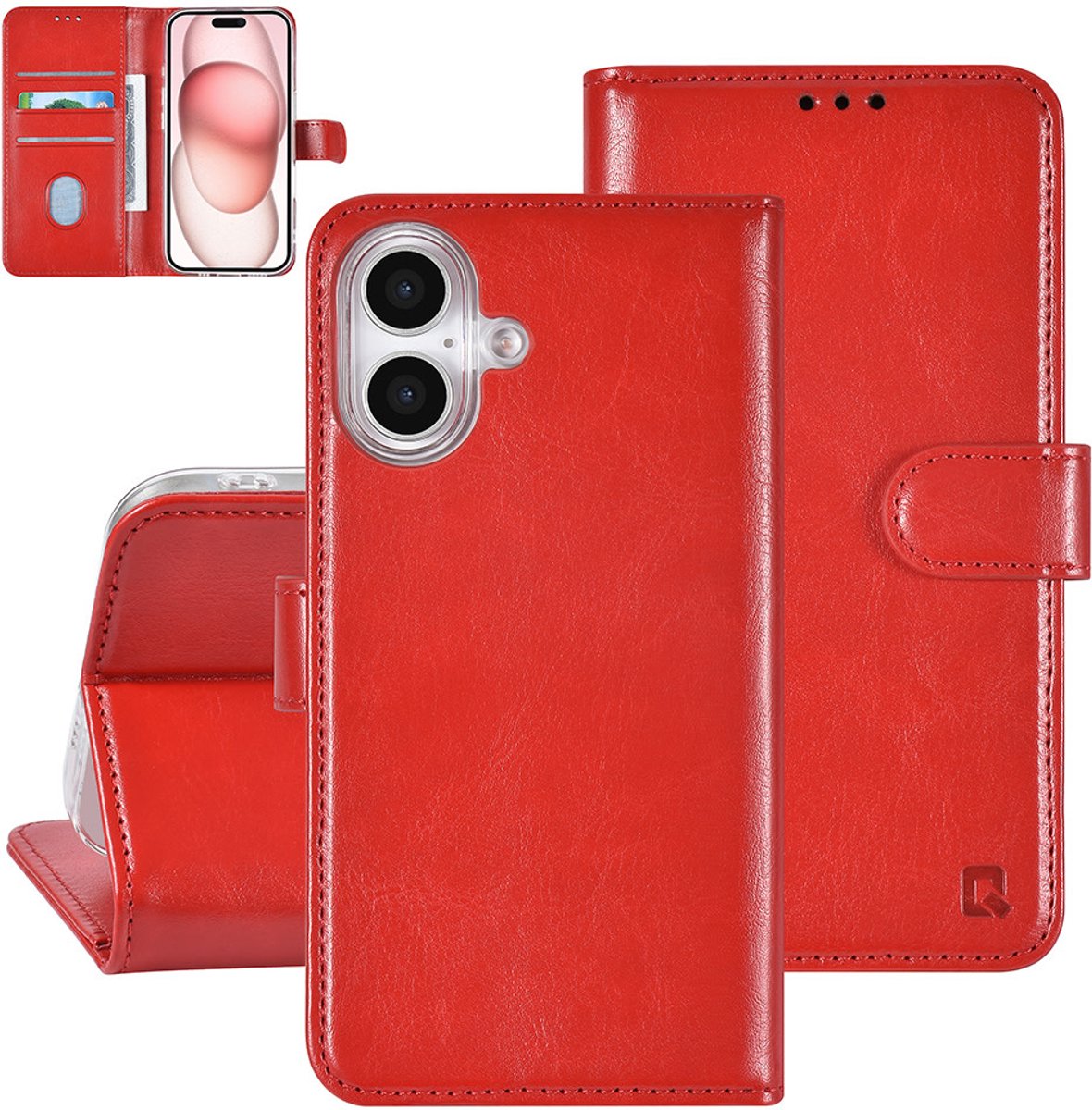 TUNIQ telefoonhoesje voor Apple iPhone 16 - Boekmodel voor 3 pasjes - Magneetsluiting - Rood