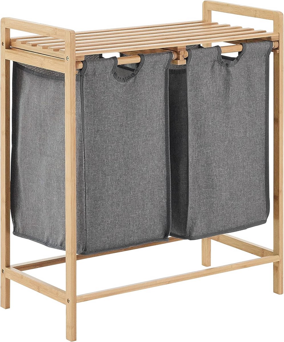 Goedkoopste Wasmand met 2 Vakken en Uitschuifbare Waszakken - Stof en Bamboe - Grijs