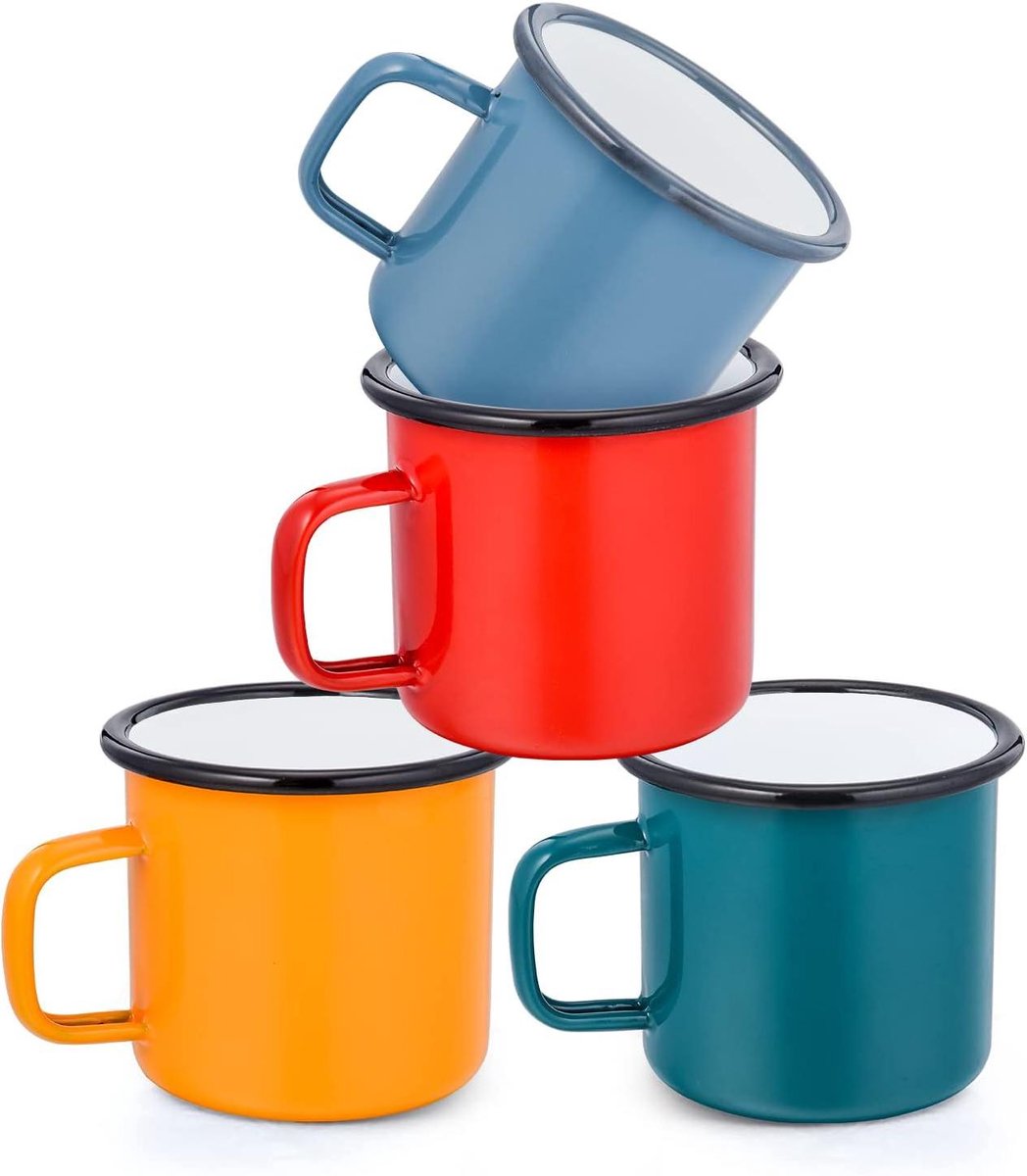 Emaille kopjes set van 4 - 350 ml - Rood/Blauw/Groen/Geel