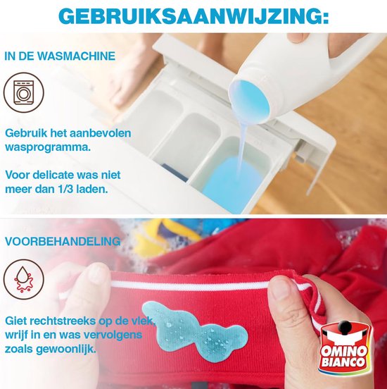 Gebruiksaanwijzing voor wasmachine en voorbehandeling van vlekken met Omino Bianco.