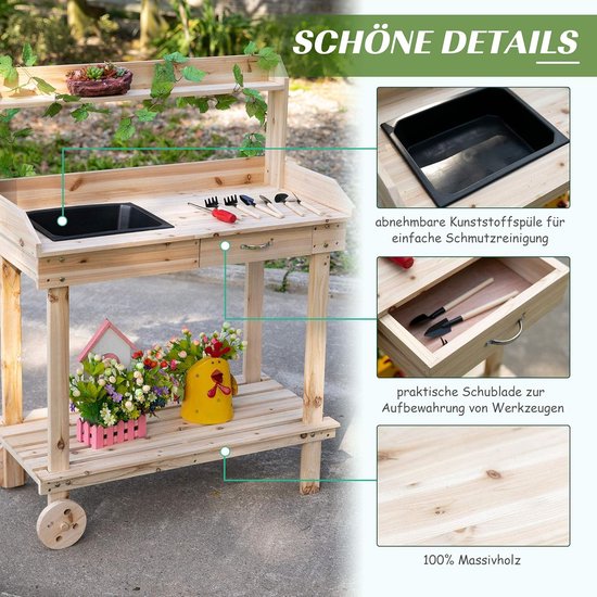 Outsunny plantentafel met schuiflade, 2 niveaus, tuintafel met gootsteen en wielen, hout, bruin