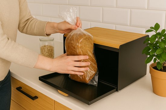 Corbeille à Pain Luxe Zwart avec Bamboe - Boîte de Rangement à Pain - 36x21x21CM