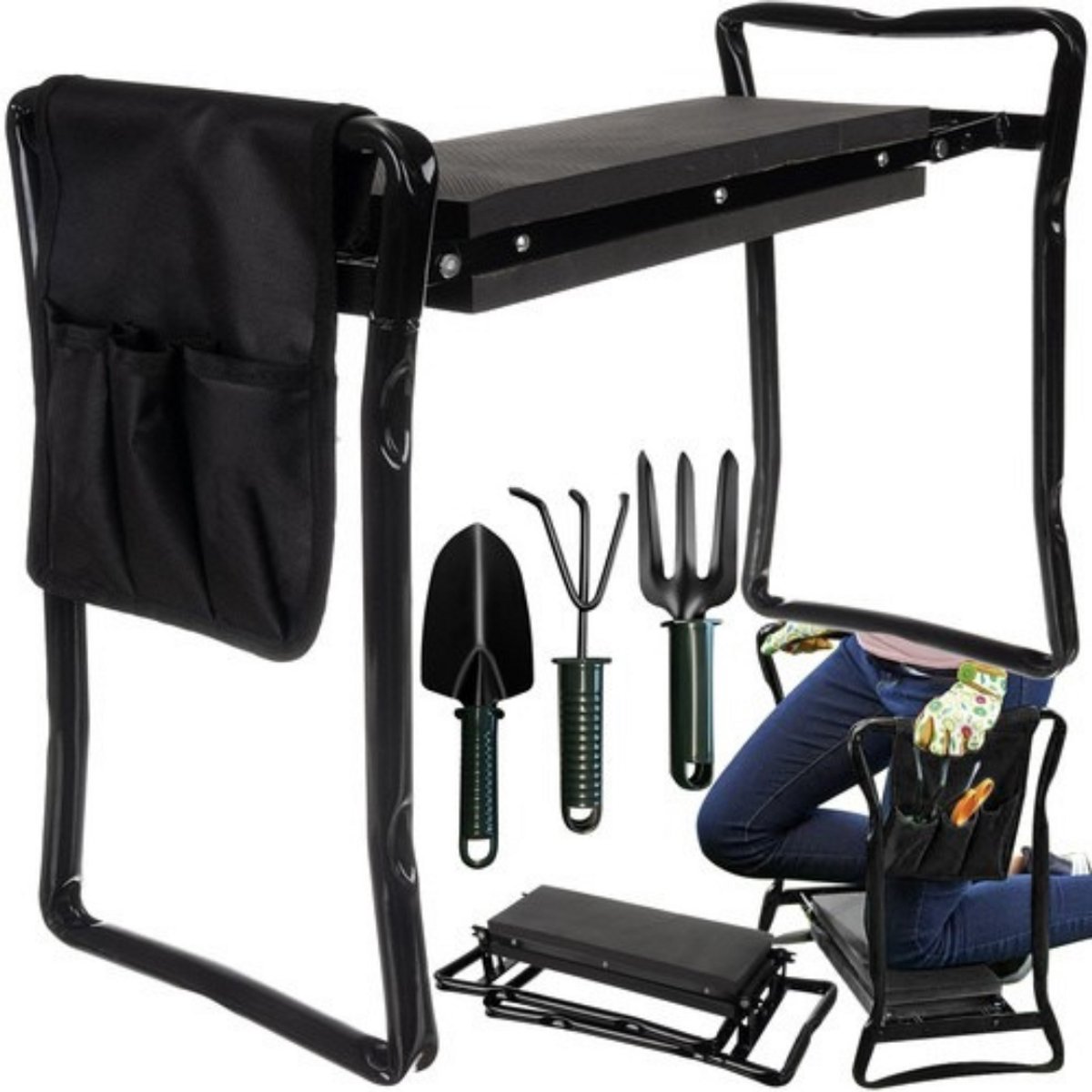MOZY® - Kniebank - 4 in 1 - met Tuingereedschap - Zwart - Inklapbaar - tot 120 kilo - Tuinkruk - Kniekussen - Kniesteun - Knielkussen
