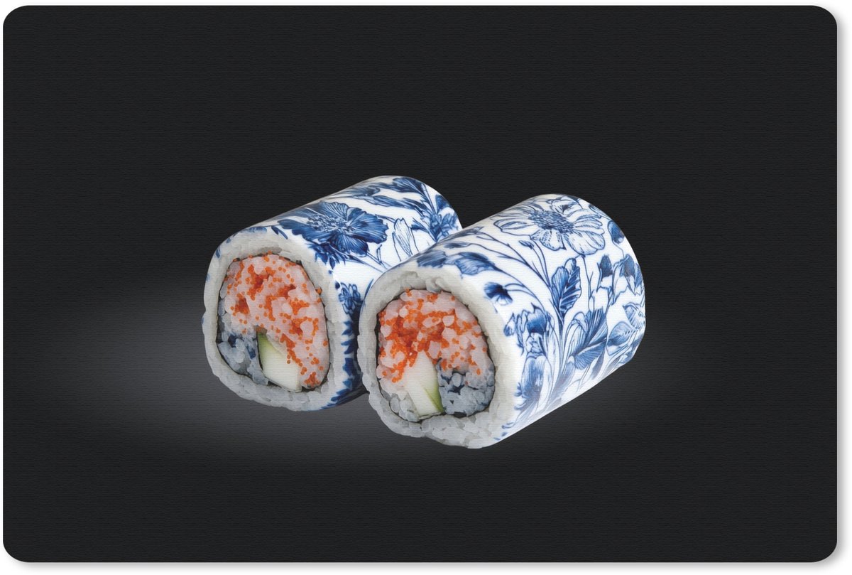 Muismat 27x18 cm - Mousepad Sushi - Delfts blauw - Rijst - Vis - Elegant - Muismatten