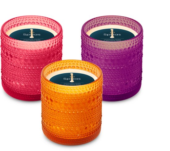 Set Bougies Marrakesh Spaas - Bougies Non Parfumées en Glas Ø9cm - Oranje/ Rose / Violet - env. 55 heures - 3 bougies