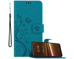 Cadorabo Hoesje geschikt voor HTC U23 PRO in BLOEMEN BLAUW - Beschermhoes in bloemmotief met magnetische sluiting, standfunctie en kaartsleuven Book Case Cover Etui