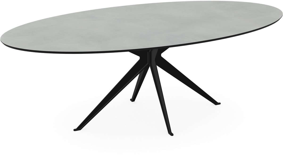 Ovale melamine eettafel - licht betonlook blad zwart onderstel - beton tafel 160 x 80 cm