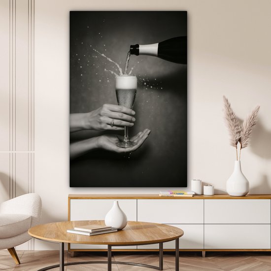 Tableau sur toile 80x120 cm - Décoration murale Bouteille de champagne - Glas - Minimaliste - Éclaboussures - Décoration murale salon - Décoration chambre - Accessoires chambre - Peintures sur toile