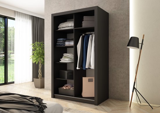 Promeubels - Armoire Miami - 120 cm - Zwart mat - avec miroir - Porte coulissante - Meuble de rangement