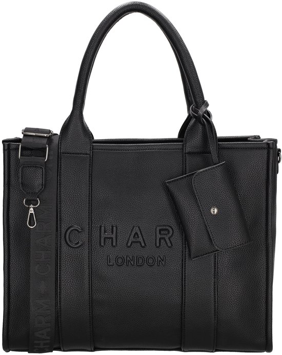 Zwarte Charm London handtas met reliëf logo, etui en schouderband met logo.