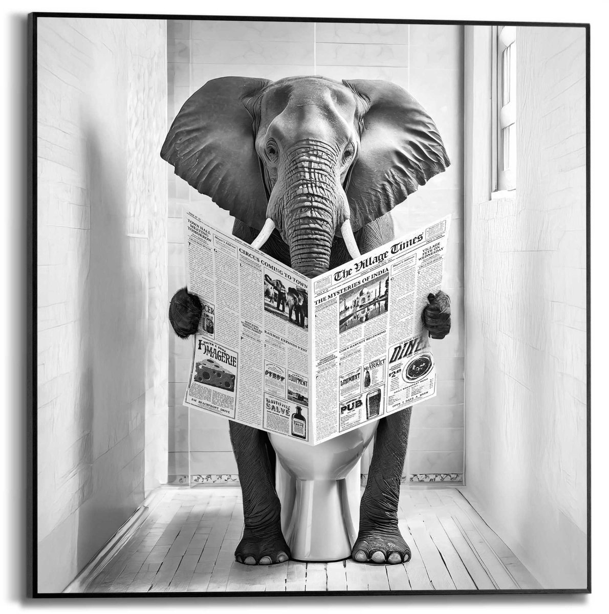 REINDERS Schilderij Elephant Toilet - 50 x 50 - Hout - REINDERS Zwart-Wit Zwart