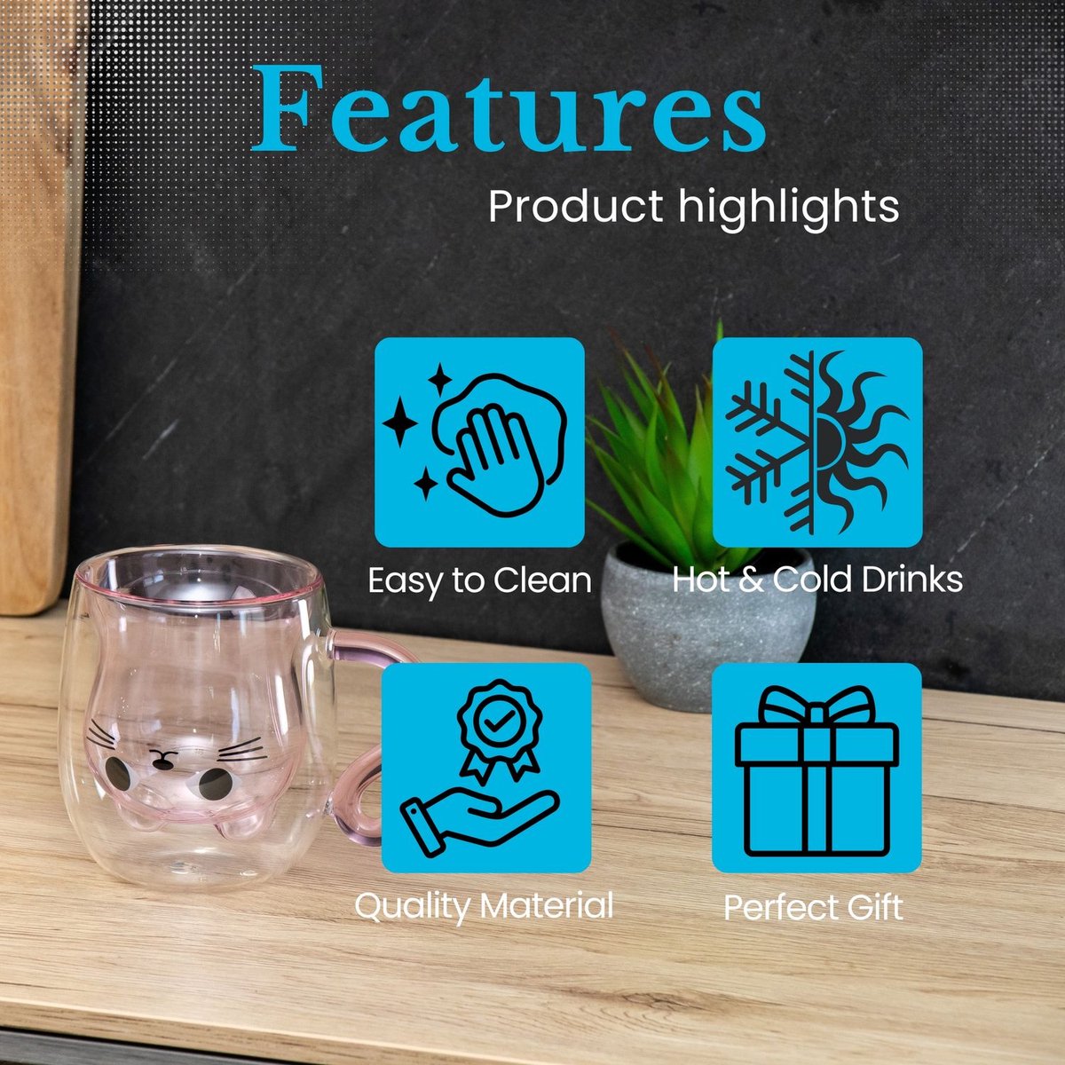 Intirilife thermo glas dubbelwandig met kat design in roze - 200ml inhoud - geïsoleerde glazen mok hittebestendig voor koude en warme dranken koffie kop thee kop drinkglas — cadeau in Koken & Dineren - foto 4