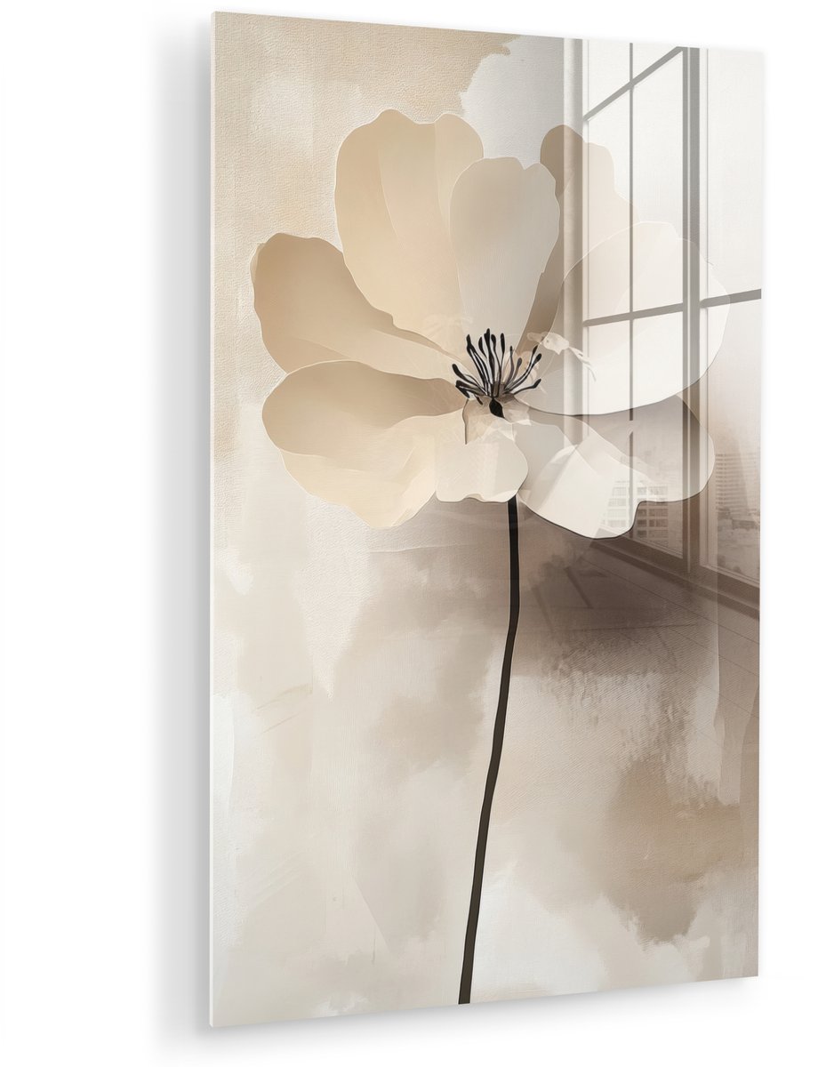 MuchoWow® Glasschilderij 60x90 cm - Schilderij acrylglas - Bloem - Beige - Verf - Schaduw - Foto op glas - Muurdecoratie woonkamer - Wanddecoratie slaapkamer - Schilderijen