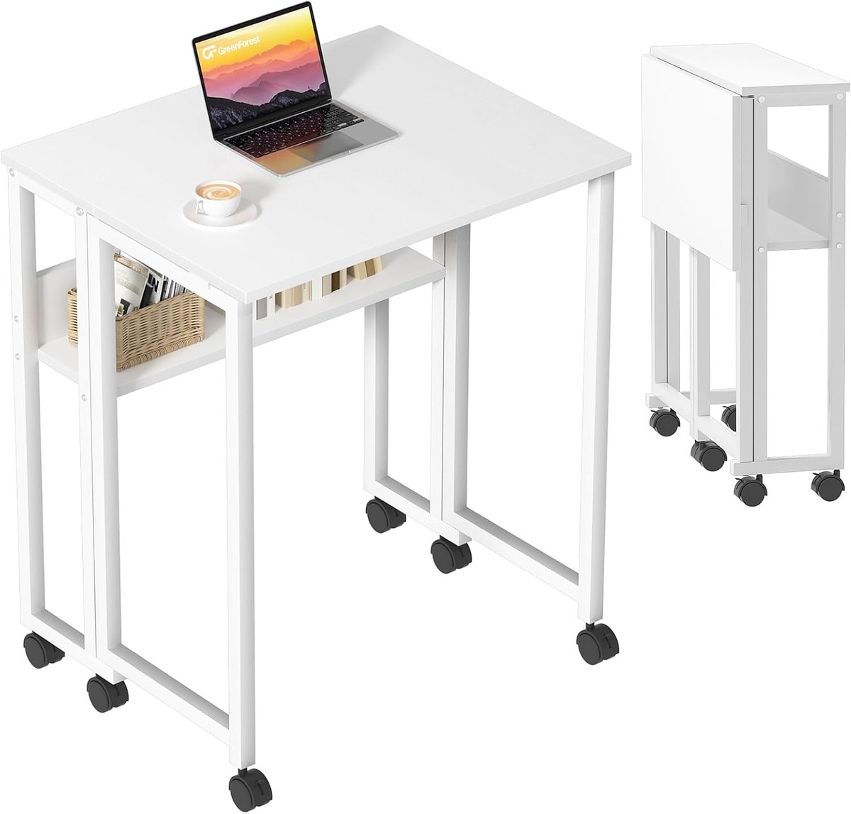 Klein Opvouwbaar Bureau met Wielen - Draagbaar Bureau voor Kleine Werkplekken - Wit - 63x50cm