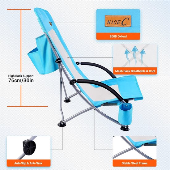 Chaise de plage, chaise de plage, pliable, légère, chaise de camping, pliable, 1 pièce avec glacière, compacte, dossier haut, porte-gobelet et sac de transport (1 bleu)