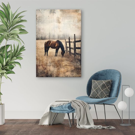 Cheval broutant dans la nature - Portrait de cheval - Œuvre d'art animalier - Mouvement artistique réaliste - Décoration murale pour chambre d'enfant - Art mural - toile 80x120 cm