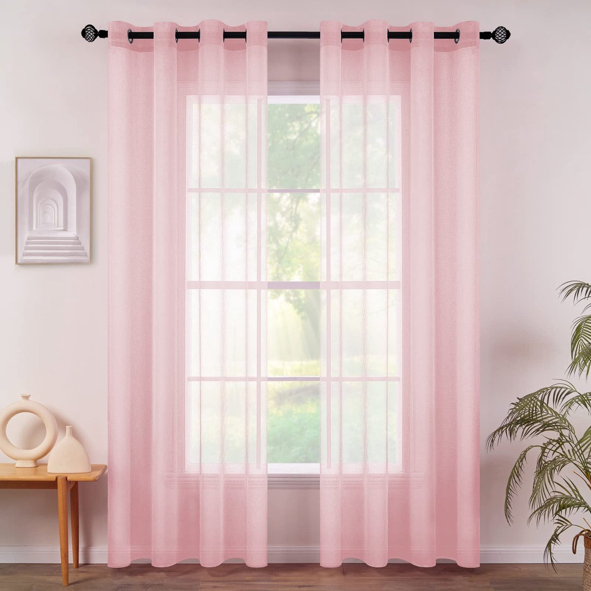 Ibenzoa Transparante Gordijnen Set met Ingestanste Ringen voor Slaapkamer en Woonkamer Decoratie roze