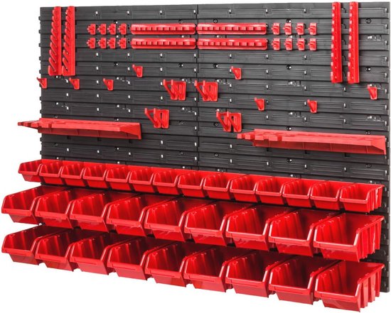 PAFEN Opslagsysteem Stapelboxen met deksel, wandrek, 772 x 390, 24 stuks, gereedschapswand, werkplaatsrek, opbergrek, zwart
