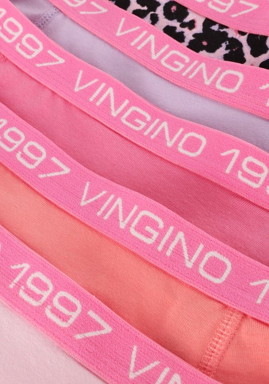 Detail van elastische roze banden met VINGINO 1997 tekst op meisjesboxers in verschillende kleuren.