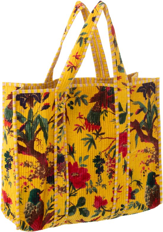 J-Line Sac Oiseaux/Fleurs Velours De Coton Jaune