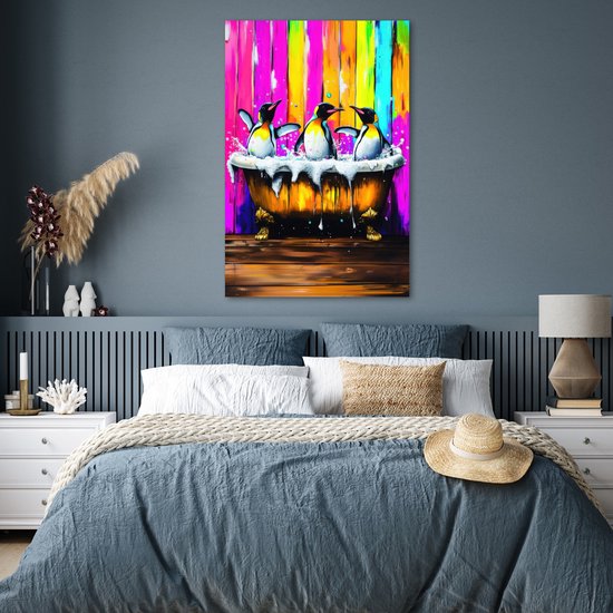 Poster 80x120 cm - Pinguïns - Badkuip - Kleurrijk - Schuim - Posters - Kamer decoratie - Wanddecoratie woonkamer - Muurdecoratie slaapkamer