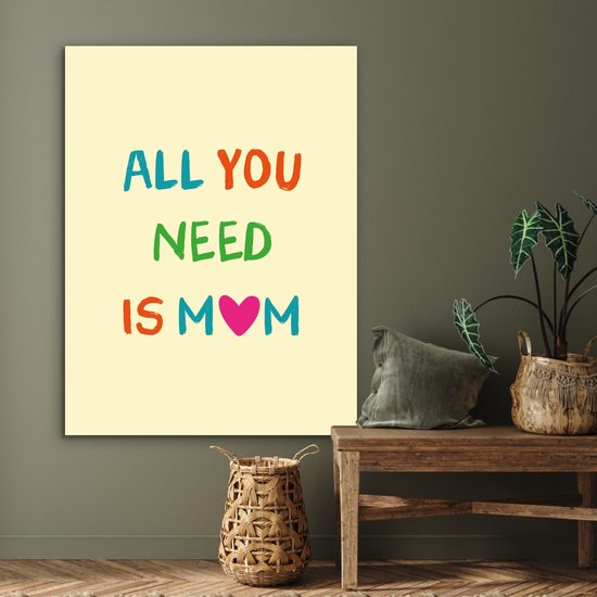 Lichtgele poster met de tekst 'ALL YOU NEED IS MOM' in kleurrijke letters, hangend in een kamer met houten meubels.