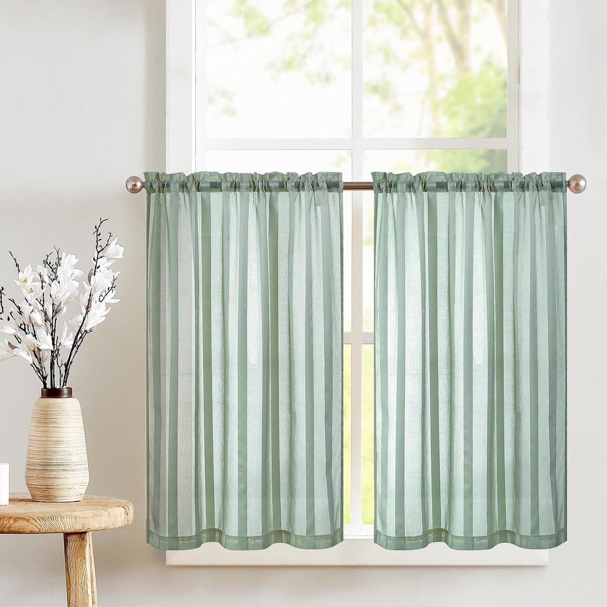 Ibenzoa® Transparante Voile Gordijnset met Trekkoorden – Blauwgroene Strepen, 90 x 60 cm (B x H), Set van 2
