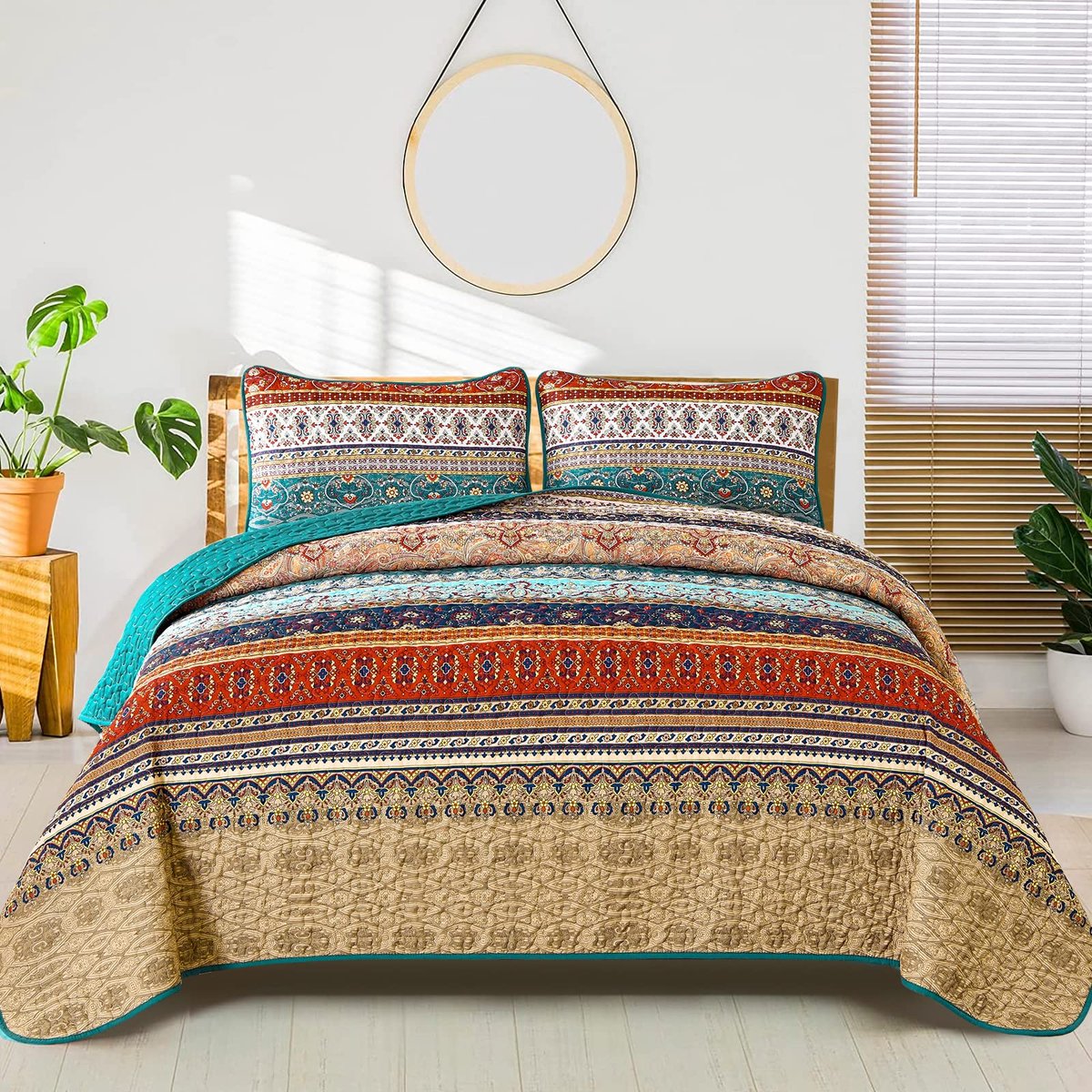 Unyqoos Stijlvolle Tweepersoons Sprei Set met Boho Design en Kussenslopen voor Slaapkamer of Bank bruin groen
