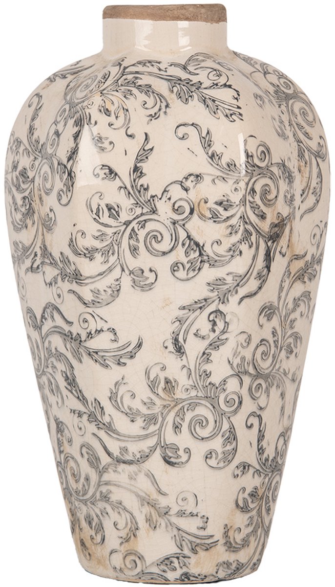 Clayre & Eef Vaas Ø 17x30 cm Beige Grijs Keramiek Bloemen